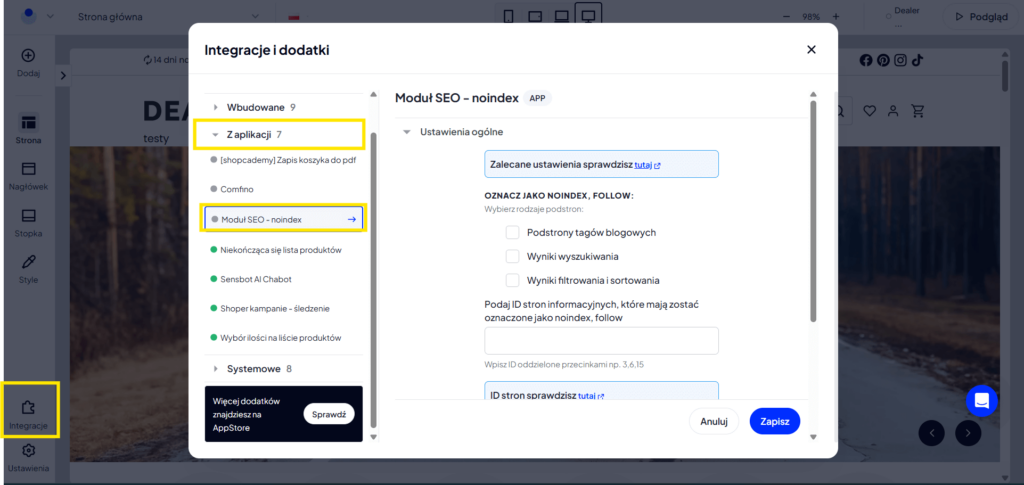 Moduł Shoper Storefront - seo noindex